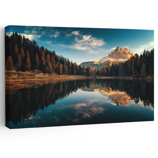 Dolomites sunset lake landscape canvas wall art for a peaceful living room, adding uplifting warm tones and serene natural décor