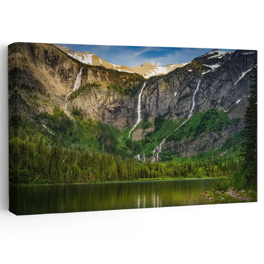 Avalanche Lake mountains canvas wall art for a peaceful living room wall art display, adding calming green tones and serene nature beauty