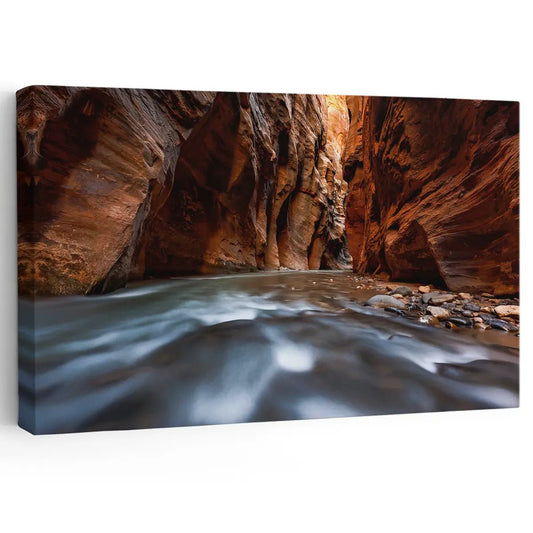 Zion canyon river canvas wall art for living room décor adding a calming desert mood with soft flowing water and warm illuminated sandstone walls