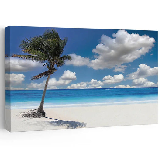 Tropical palm tree — coastal canvas wall art in blue sky tones, peaceful beach decor for living room or ocean-inspired interiors