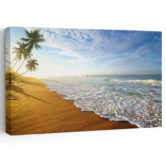 Tropical shoreline — large canvas wall art with palm trees and waves, relaxing coastal décor for modern living room or beach house walls.