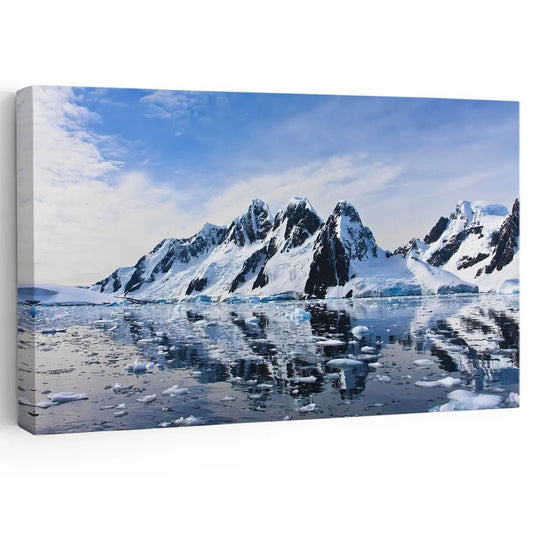 Snowy mountain peaks canvas wall art for a peaceful living room, adding uplifting cool tones and a refreshing minimalist winter aesthetic
