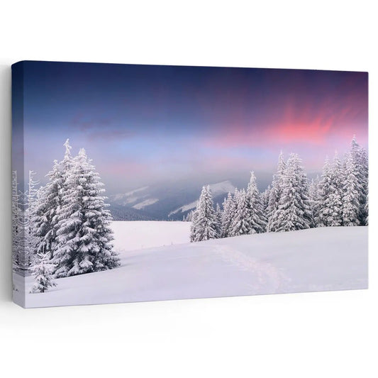 Winter forest sunset canvas wall art for living room décor bringing a calming snowy atmosphere with soft pastel tones and peaceful seasonal charm