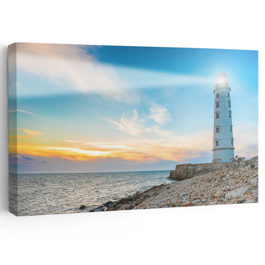 Lighthouse at sunset — coastal canvas wall art in warm golden hues, serene seascape decor perfect for modern living room interiors