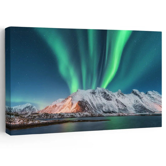 Dancing aurora over snowy mountains canvas wall art for a peaceful bedroom, paired with living room wall art styling for harmony.