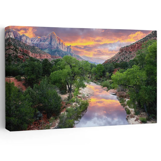 Zion canyon landscape canvas wall art for living room décor bringing a peaceful sunset mood with lush green valleys and glowing evening sky