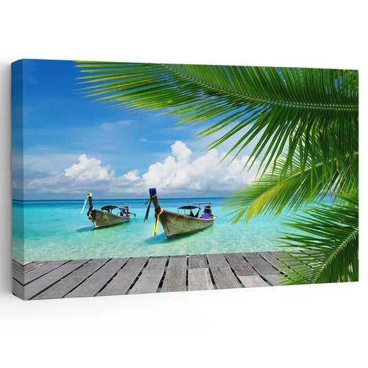 Tropical boat and palm — coastal canvas wall art with turquoise sea hues, relaxing beach decor for modern living room interiors