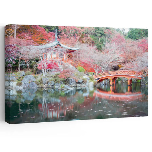Japanese garden pond canvas wall art for living room décor creating a peaceful atmosphere with soft pink blossoms and calm reflective water