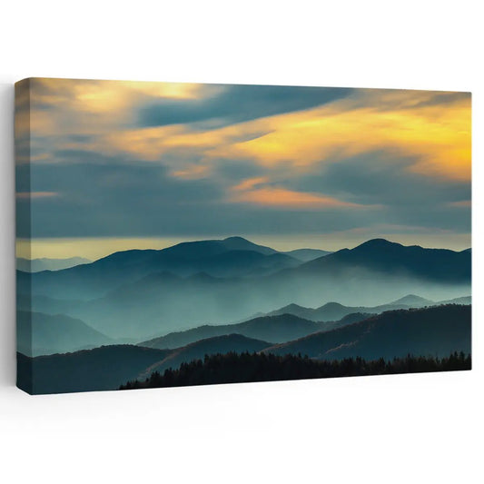 Sunset mountain ridges canvas wall art for a peaceful living room wall art setup, bringing calming blue tones and warm sunset color to décor