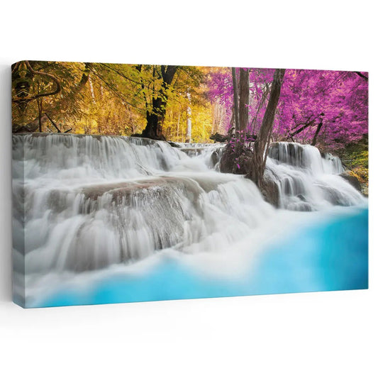 Colorful waterfall scene canvas wall art for a peaceful living room, adding uplifting turquoise tones and vibrant nature décor