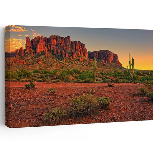 Desert sunset cliffs canvas wall art for a warm living room, bringing glowing orange tones and a peaceful Southwestern evening atmosphere