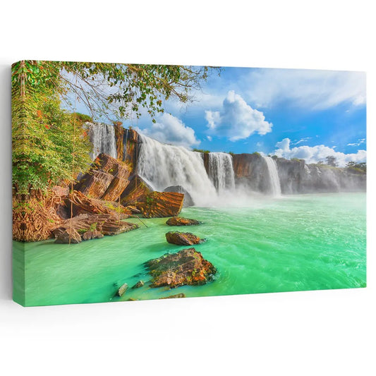 Emerald waterfall cascade canvas wall art for living room décor, bringing a peaceful tropical atmosphere with bright green tones
