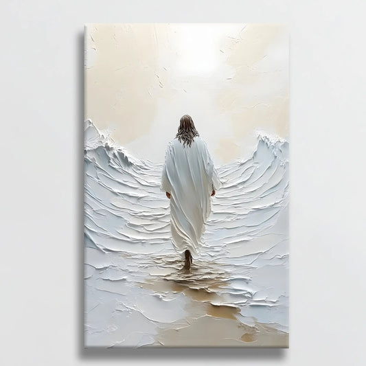 contemporary christian wall art featuring Jesus walking on water canvas wall art hung on a white wall, adding a touch of faith and serenity to the room