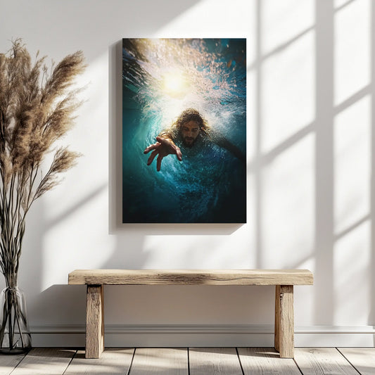 Jesus reaching into water picture, christian artwork on canvas for living room