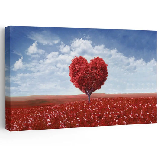 Heart-shaped tree canvas wall art for a peaceful living room, adding uplifting red tones and romantic décor to brighten your space