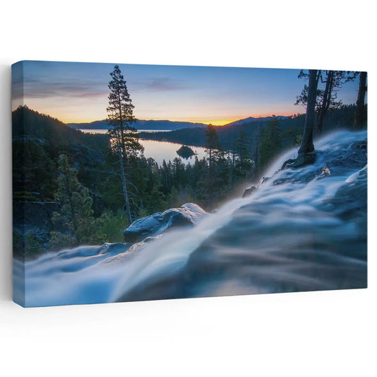 Lake Tahoe sunrise waterfall canvas wall art for creating a calming living room retreat with soft blue tones and peaceful morning ambiance