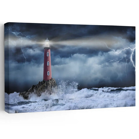 Red lighthouse in stormy sea — coastal canvas print for living room, dramatic ocean waves and moody sky evoke maritime strength.