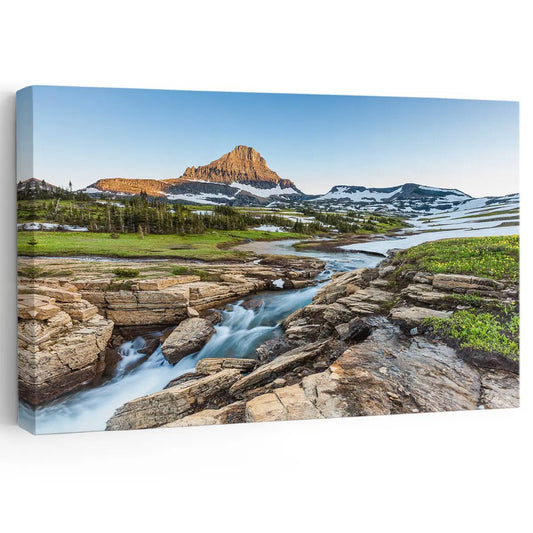 Glacier mountain valley canvas wall art for living room décor, adding a peaceful alpine mood with bright blue skies and rugged rocky detail