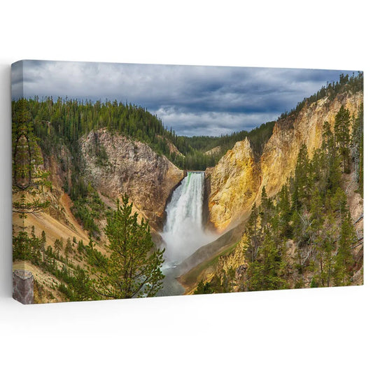 Yellowstone canyon waterfall canvas wall art for a peaceful living room, adding uplifting natural décor with warm golden canyon tones
