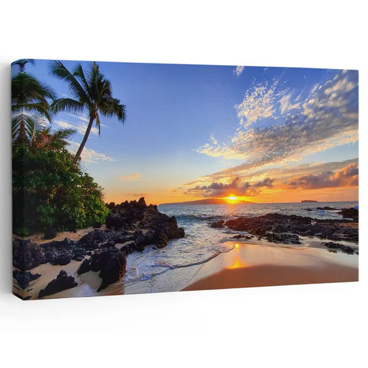Tropical beach sunset — coastal canvas print for living room decor, capturing palm trees, ocean waves, and warm sunset glow