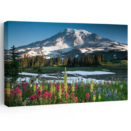 Wildflower mountain landscape canvas wall art for a peaceful living room, bringing uplifting alpine décor with vibrant floral tones