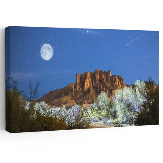 Moonlit Superstition Mountains canvas wall art for a calming living room, adding cool desert tones and peaceful nighttime atmosphere to your décor
