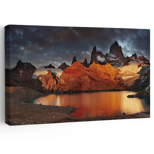 Fitz Roy sunrise peaks canvas wall art for a bold living room wall art feature, adding dramatic mountain color to modern home décor