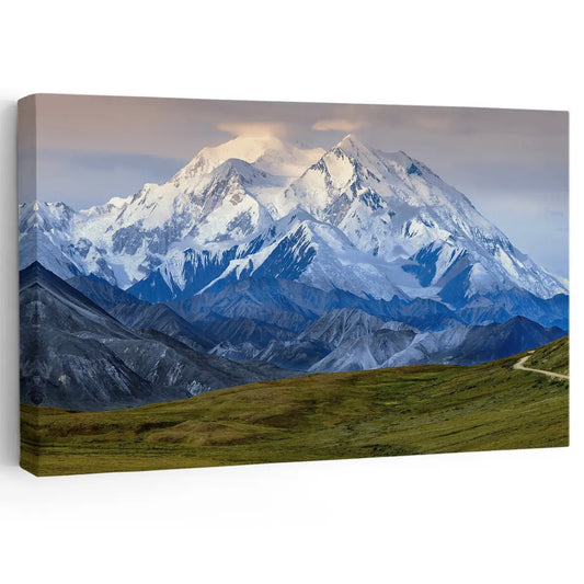 Snow-covered Mount McKinley landscape canvas wall art for a peaceful living room, adding crisp alpine tones and uplifting natural scenery to your décor