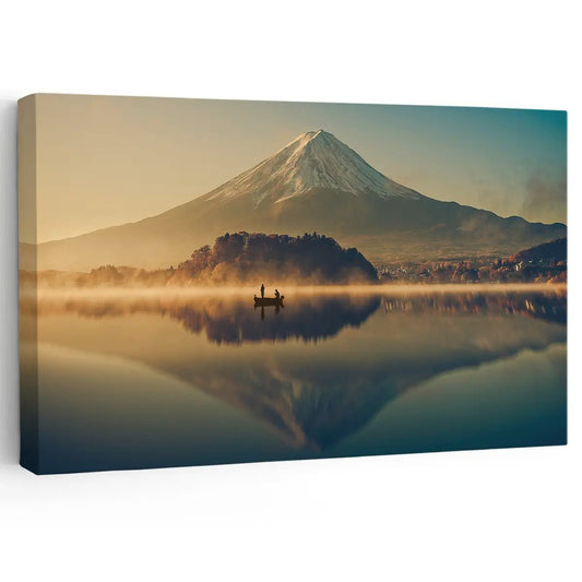 Calming sunrise mountain landscape canvas wall art for a peaceful living room, uplifting décor and warm minimalist style