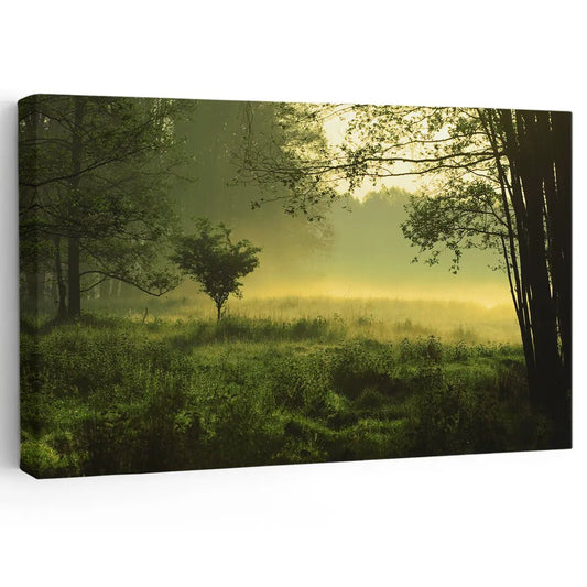 Misty green forest canvas wall art for a calming living room wall art setup, adding peaceful nature tones to warm and modern home décor