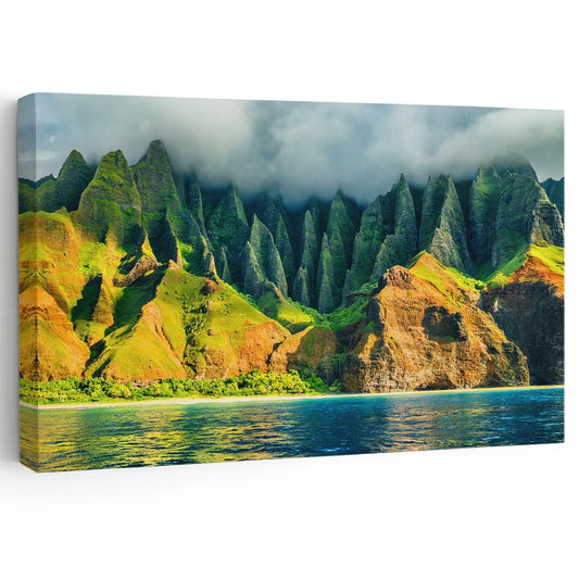 Tropical coastal mountains canvas wall art for a peaceful living room, blending lush green cliffs and turquoise water to create calming natural décor