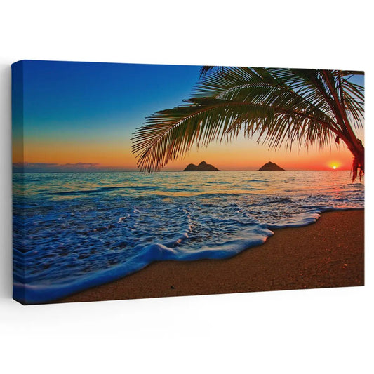 Palm tree and ocean sunrise — coastal canvas print for living room wall, tropical seascape evokes peace and wanderlust.
