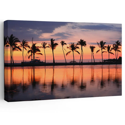 Sunset palm shoreline coastal canvas print for living room wall — warm tropical hues bring peace and vacation vibes.