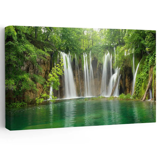 Tropical Plitvice waterfall canvas wall art for a peaceful living room, featuring lush green forest and turquoise water to create a calming vibe