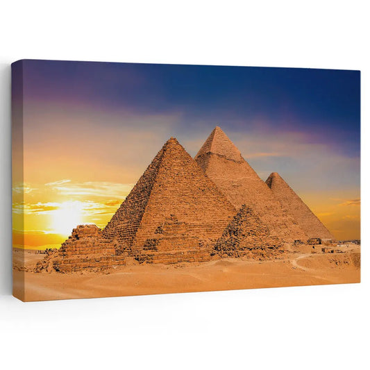 Pyramids of Giza glowing under a golden sunset, canvas wall art for a warm living room accent that brings inspiring ancient beauty to your decor.