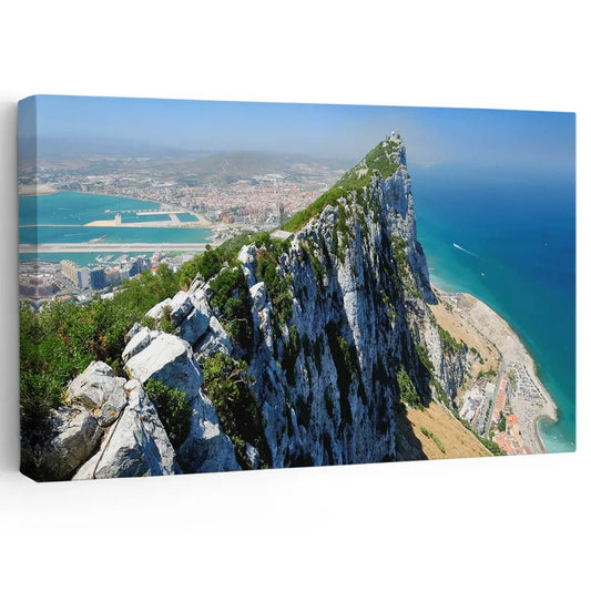 Majestic Gibraltar cliff view canvas wall art for a calming living room, blending coastal scenery with peaceful blue tones for modern décor