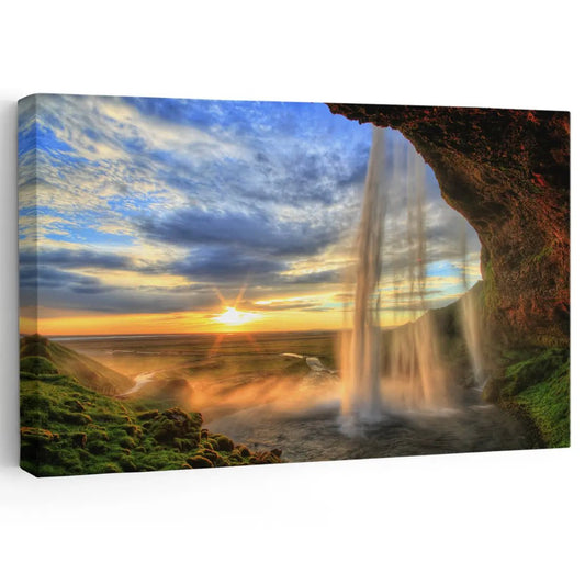 Seljalandsfoss waterfall glowing at sunset, canvas wall art for a peaceful living room that brings inspiring Icelandic nature into your home decor.