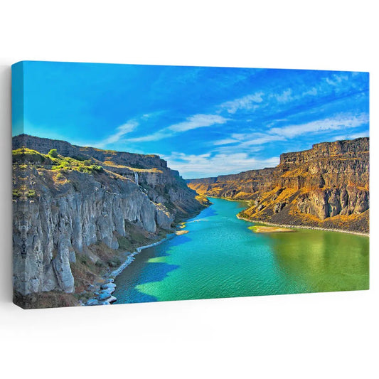Turquoise Snake River canyon canvas wall art for living room décor, adding a peaceful natural atmosphere with bold blue and gold tones