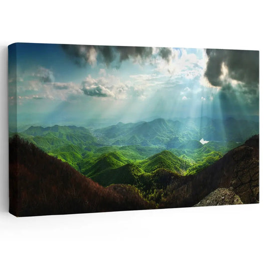 Misty mountain forest wrapped in soft morning light, canvas wall art for a peaceful living room that brings calming natural beauty to your home.
