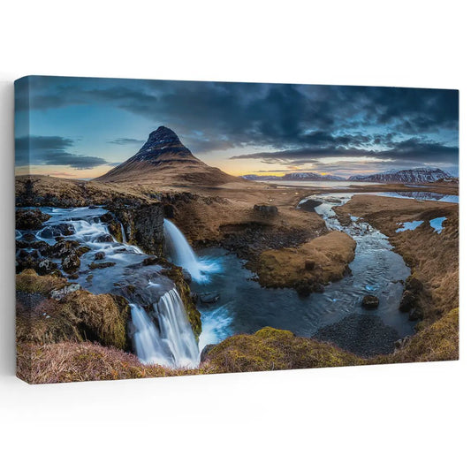 Mt. Kirkjufell Iceland glowing under a dramatic sky, canvas wall art for a peaceful living room that brings inspiring Nordic nature into your decor.