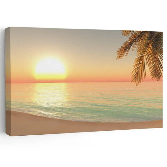 Golden sunrise over calm ocean canvas wall art for bedroom—peaceful coastal seascape with soft pastel tones and palm tree view