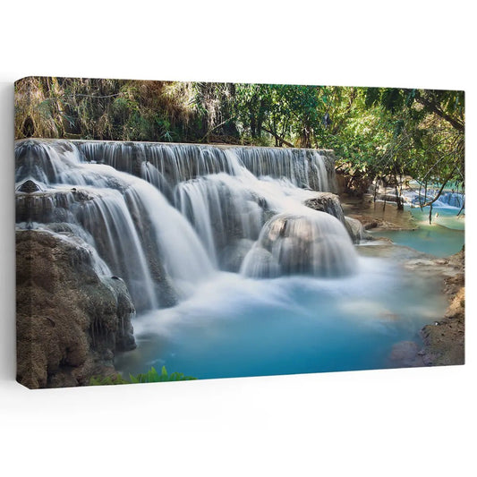 Tad Sae waterfalls scene canvas wall art for a peaceful living room, with flowing turquoise water creating a calming and refreshing decor mood