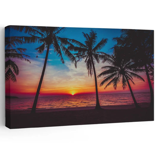 Palm trees against ocean sunset canvas wall art for bedroom—vibrant tropical seascape with orange sky and tranquil coastal tones