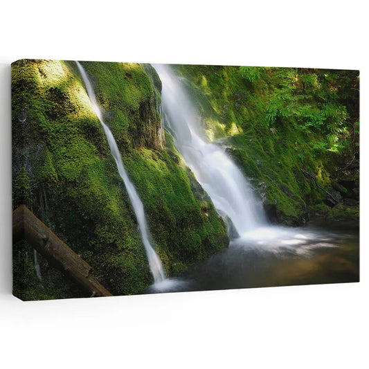 Twin Maui waterfalls canvas wall art for living room décor, bringing a calming tropical atmosphere with lush green forest tones