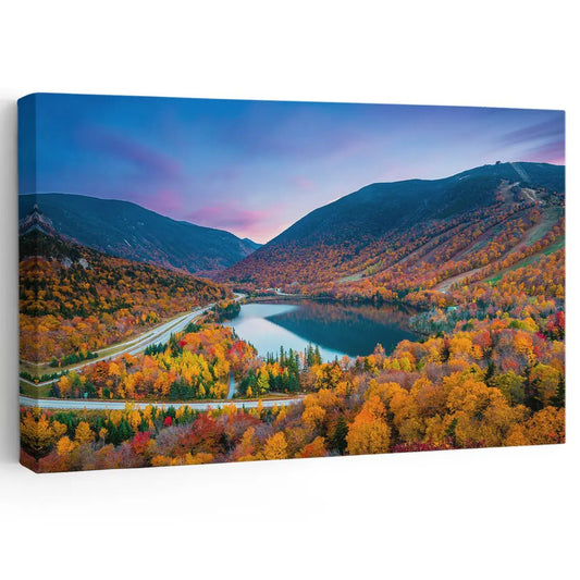 Autumn mountain lake landscape canvas wall art for a peaceful living room, blending vibrant fall colors to create a calming seasonal display