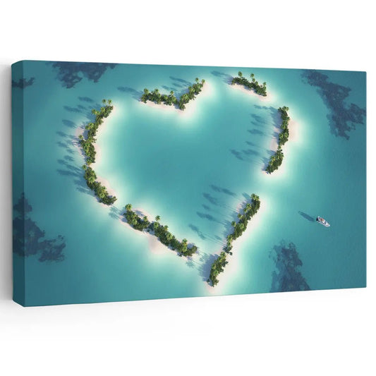 Heart-shaped island — coastal canvas print with turquoise ocean tones, ideal bedroom wall art for romantic tropical décor