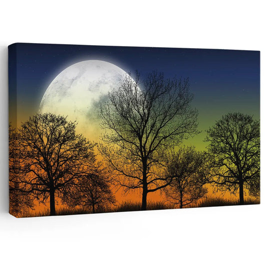 Full moon forest scene canvas wall art for creating a calming living room atmosphere with glowing night tones and serene tree silhouettes