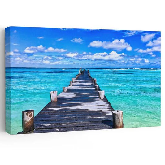 Tropical wooden dock extending over turquoise sea — coastal canvas wall art for living room, creates a calming beach retreat