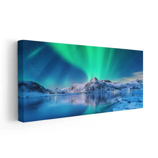 Aurora sky over snowy mountains canvas wall art for creating a peaceful living room atmosphere with calming winter tones and soft blue reflections