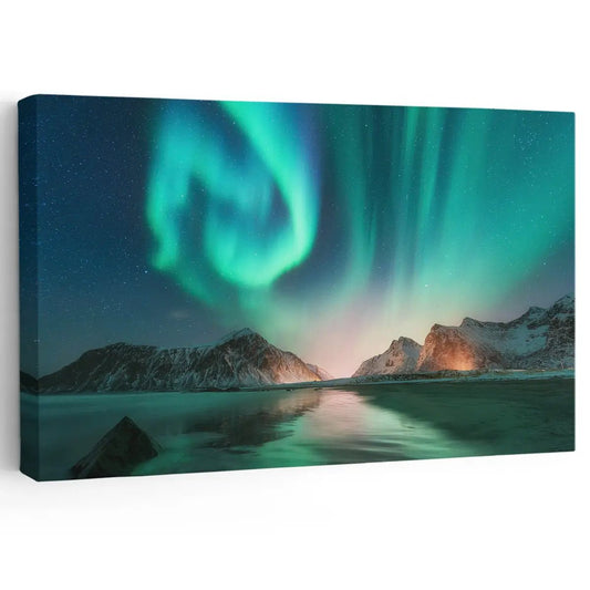 Aurora borealis mountain sky canvas wall art for creating a peaceful living room centerpiece with glowing teal lights and calming night energy